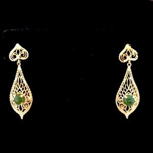 14k Gold Teardrop Filigree Dangle & Jade Earrings